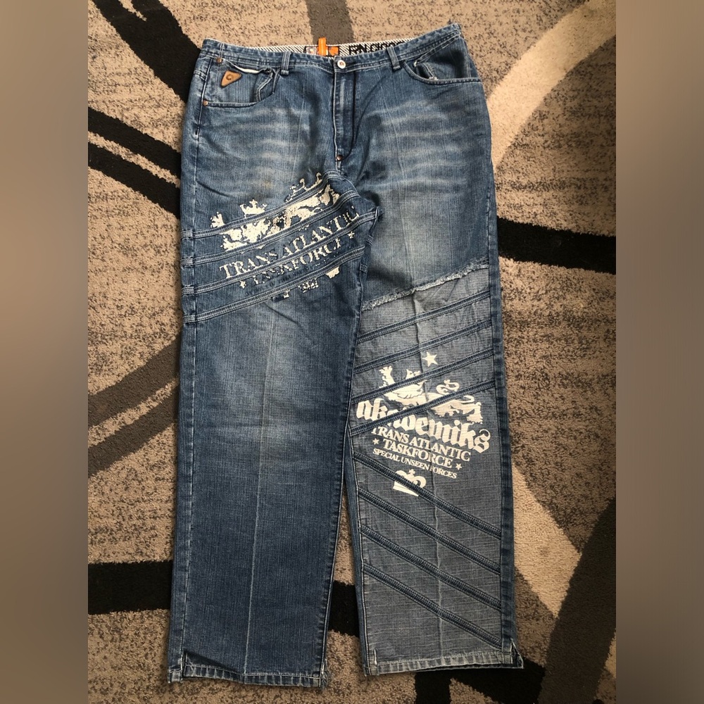 Akademiks Blue Graphic-Print Baggy Jeans